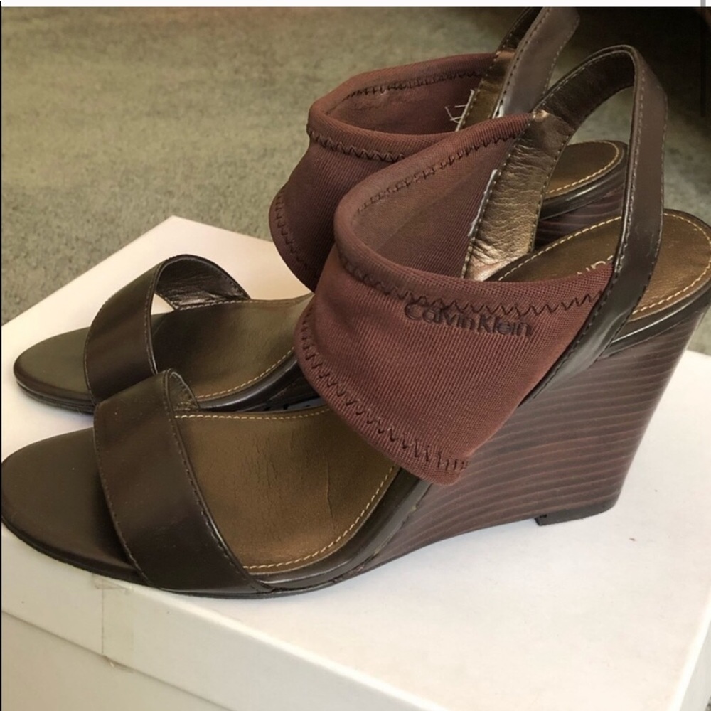 Brown Calvin Klein Wedge Open Toe Sling Back Heels